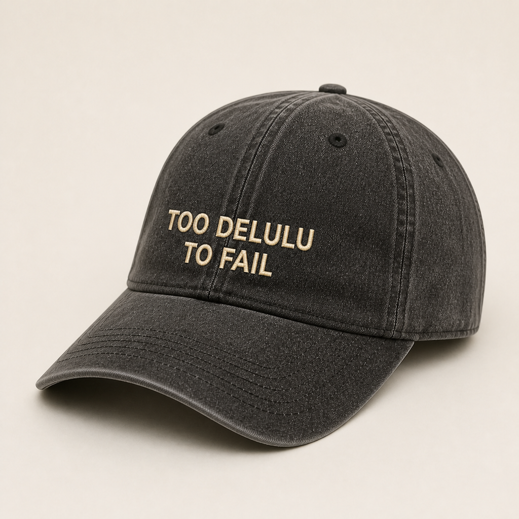 Too Delulu to Fail washed charcoal cap, three-quarter view