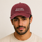 Delulu Until Proven Wrong washed burgundy cap worn on head