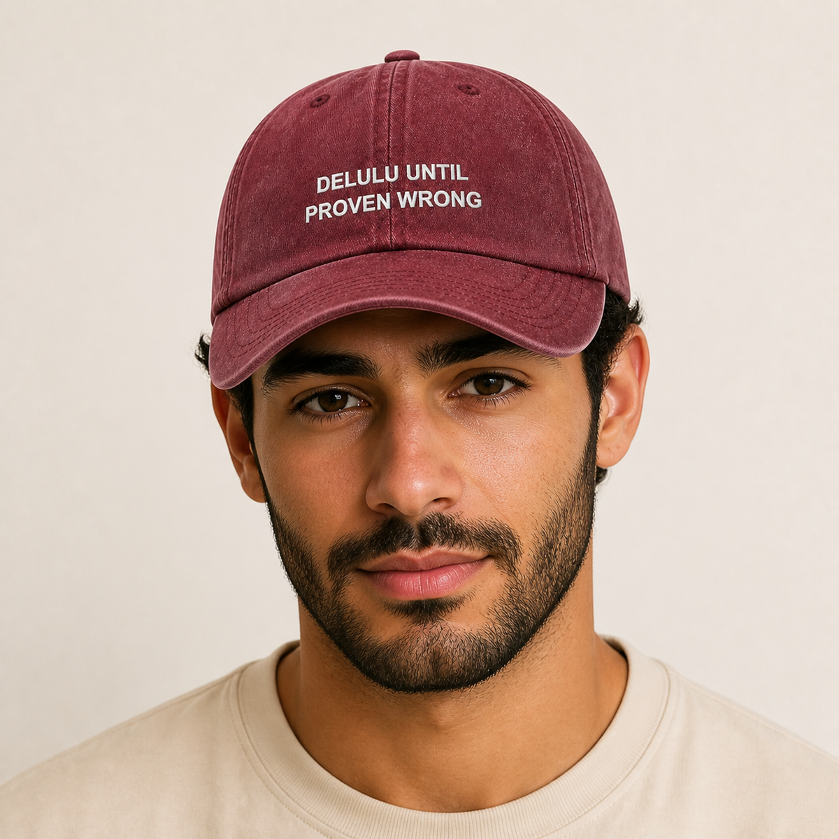 Delulu Until Proven Wrong washed burgundy cap worn on head