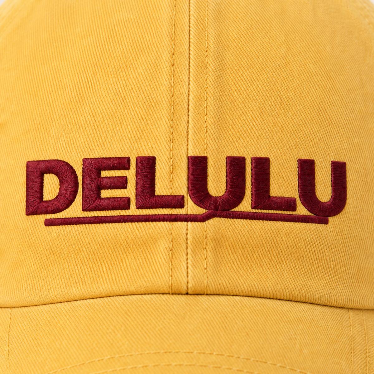DELULU burgundy wordmark embroidery detail