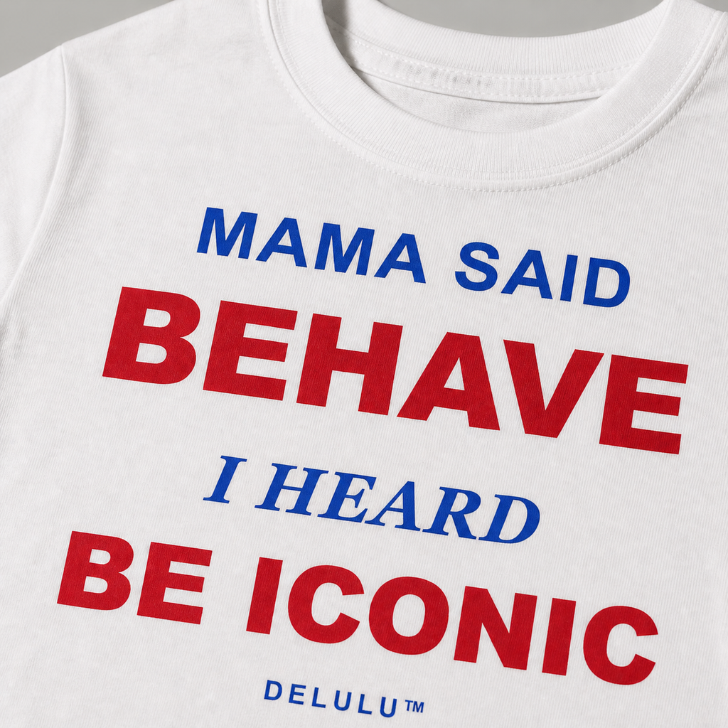 Close-up of red and cobalt Mama Said Behave kids T-shirt print