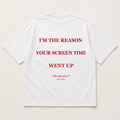 White DELULU Screen Time oversized T-shirt, back flat lay