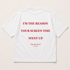 White DELULU Screen Time oversized T-shirt, back flat lay