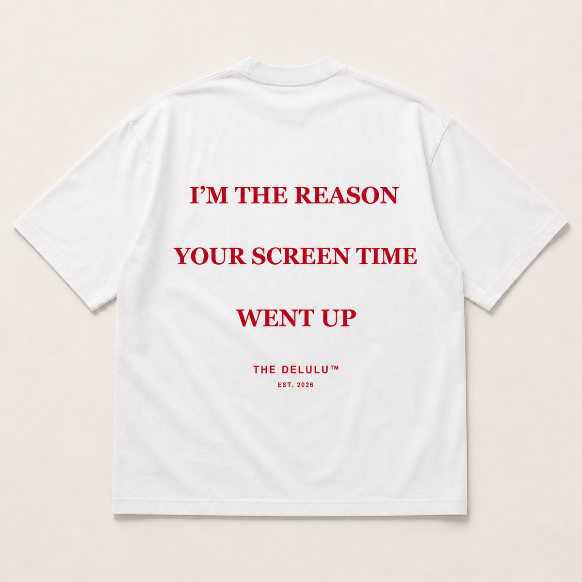White DELULU Screen Time oversized T-shirt, back flat lay
