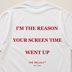 Close-up of rich red Screen Time back print on white cotton