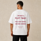 White Plot Twist Oversized Tee worn from the back