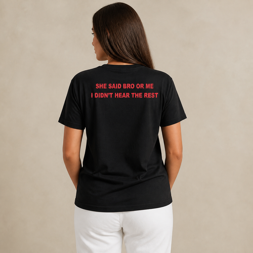 Black Bro or Me Regular Tee worn from the back