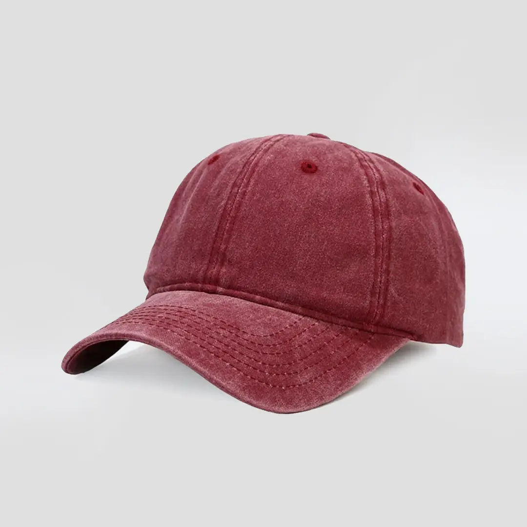 Essential Washed Cap in burgundy - front angled view